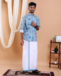 Men's Full Sleeve Shirt and Traditional Dhoti Set with Designer Border - Blue -one