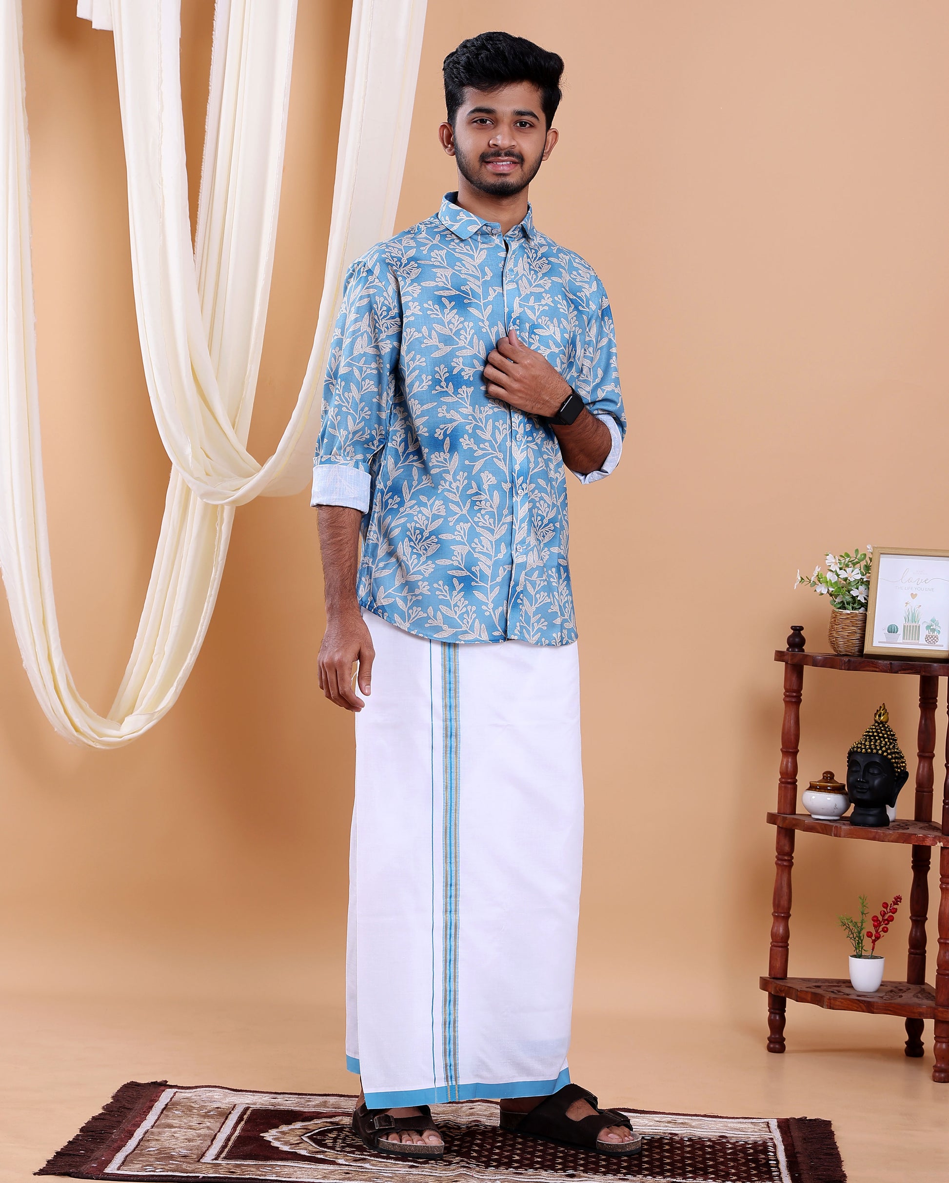Men's Full Sleeve Shirt and Traditional Dhoti Set with Designer Border - Blue -one