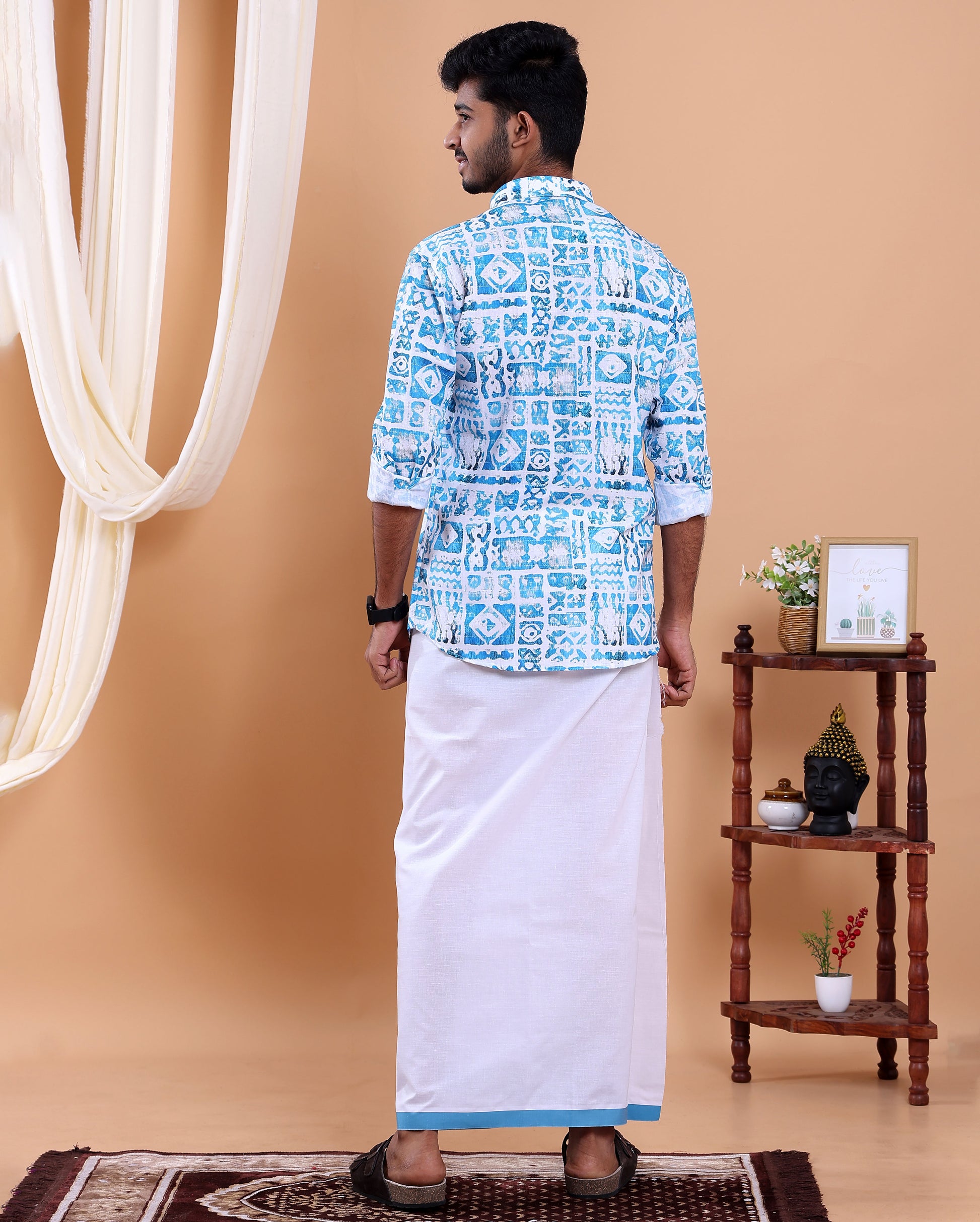 Men's Full Sleeve Shirt and Traditional Dhoti Set with Designer Border - Blue
