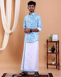 Men's Full Sleeve Shirt and Traditional Dhoti Set with Designer Border - Blue