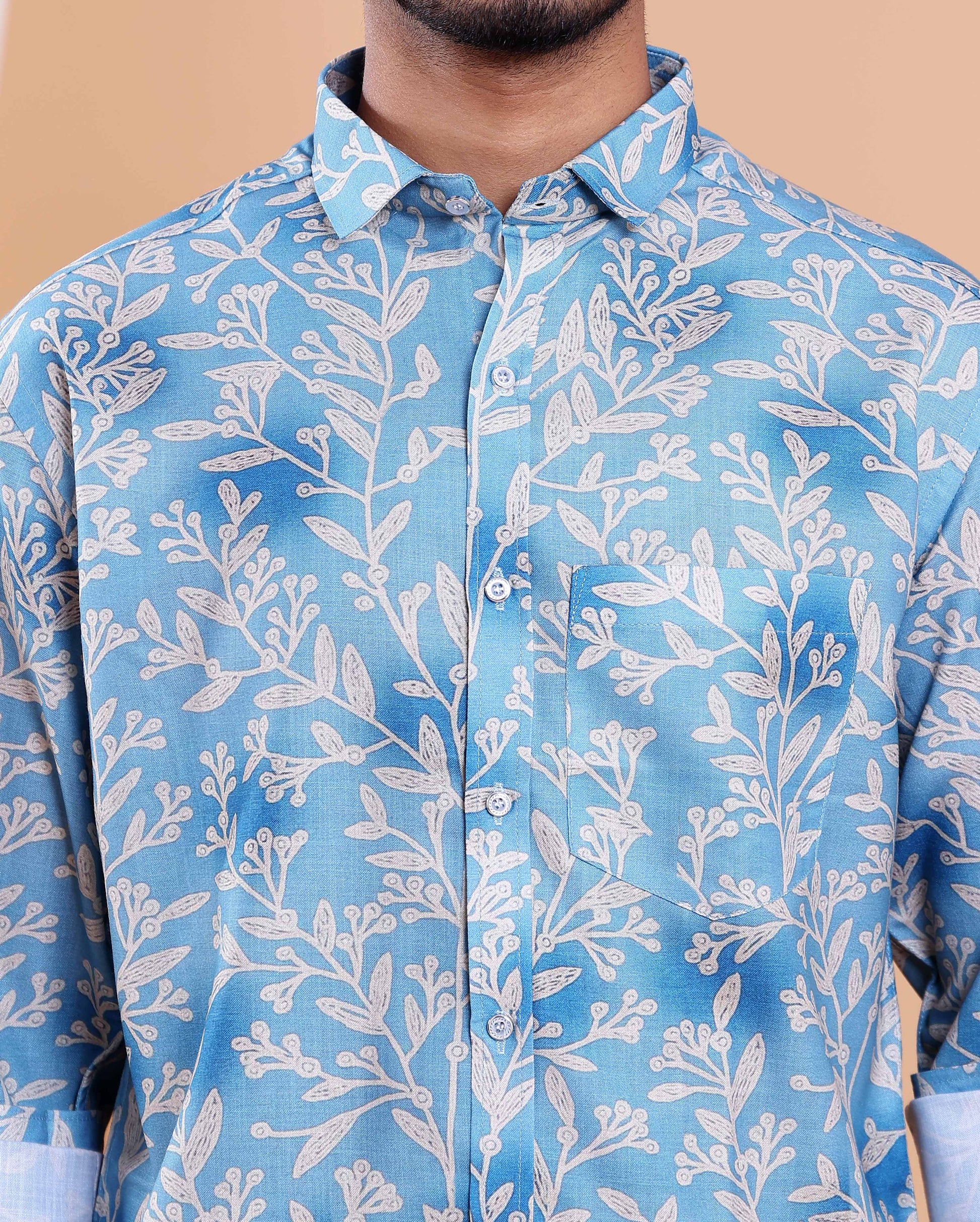 Men's Full Sleeve Shirt and Traditional Dhoti Set with Designer Border - Blue -one