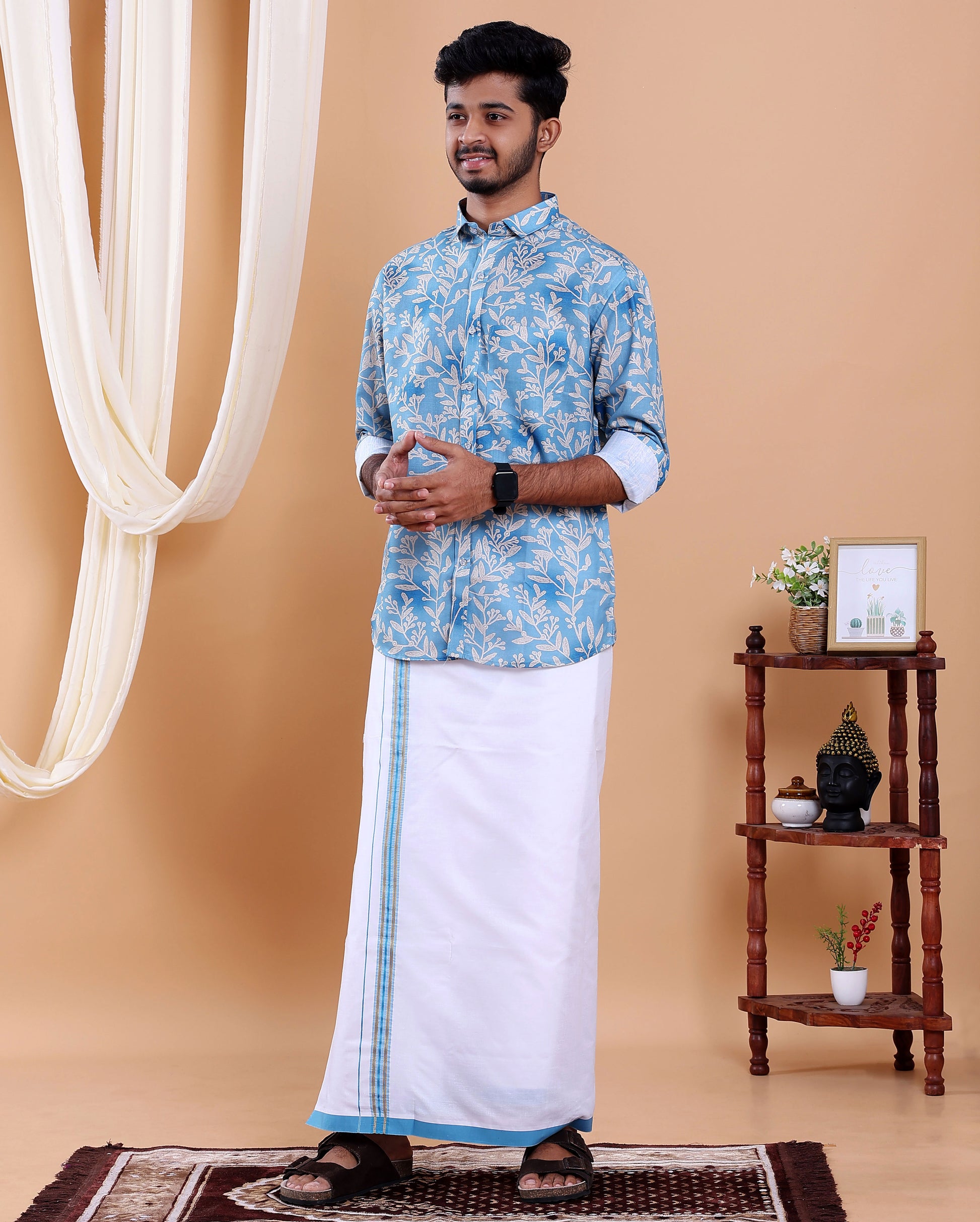 Men's Full Sleeve Shirt and Traditional Dhoti Set with Designer Border - Blue -one