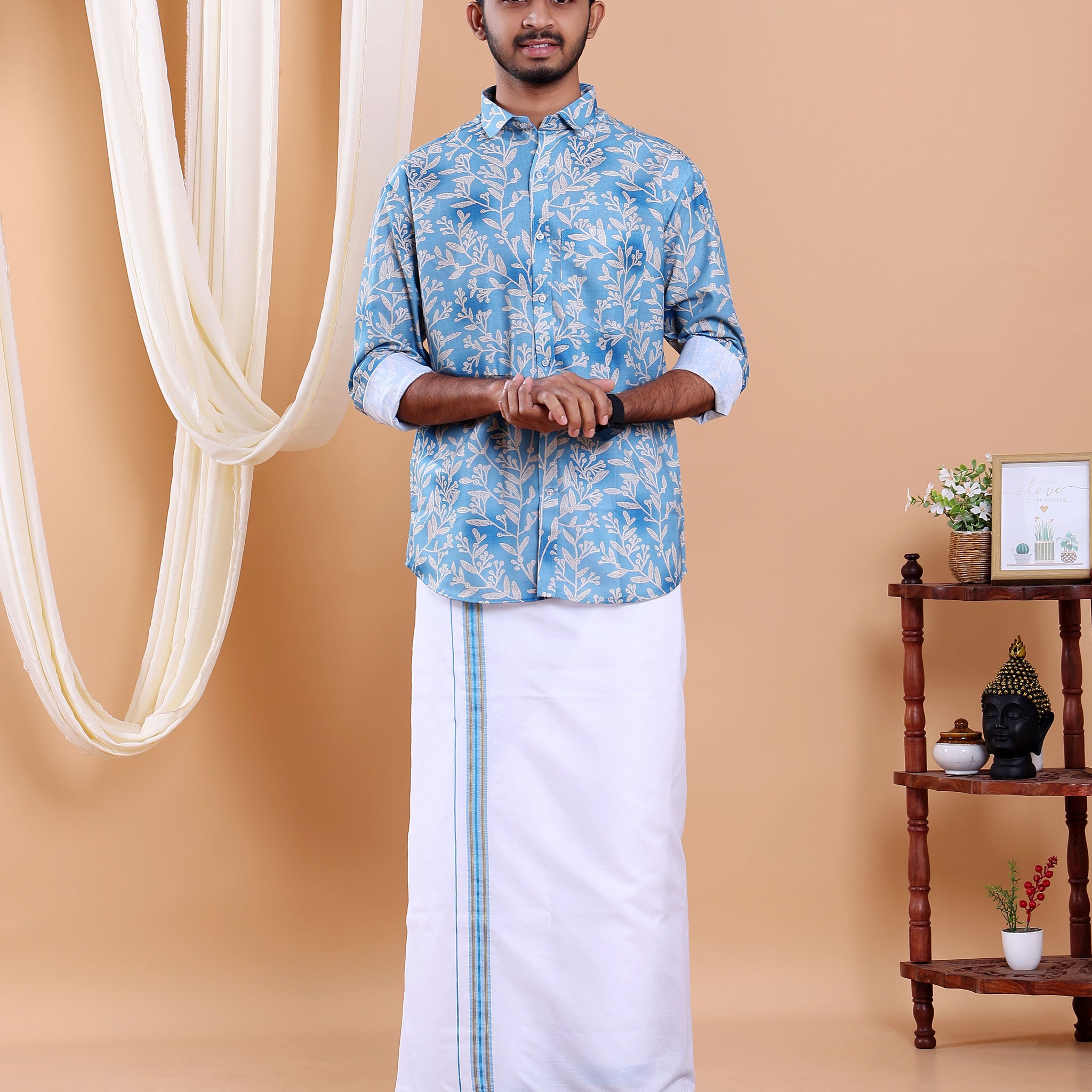 Men's Full Sleeve Shirt and Traditional Dhoti Set with Designer Border - Blue -one