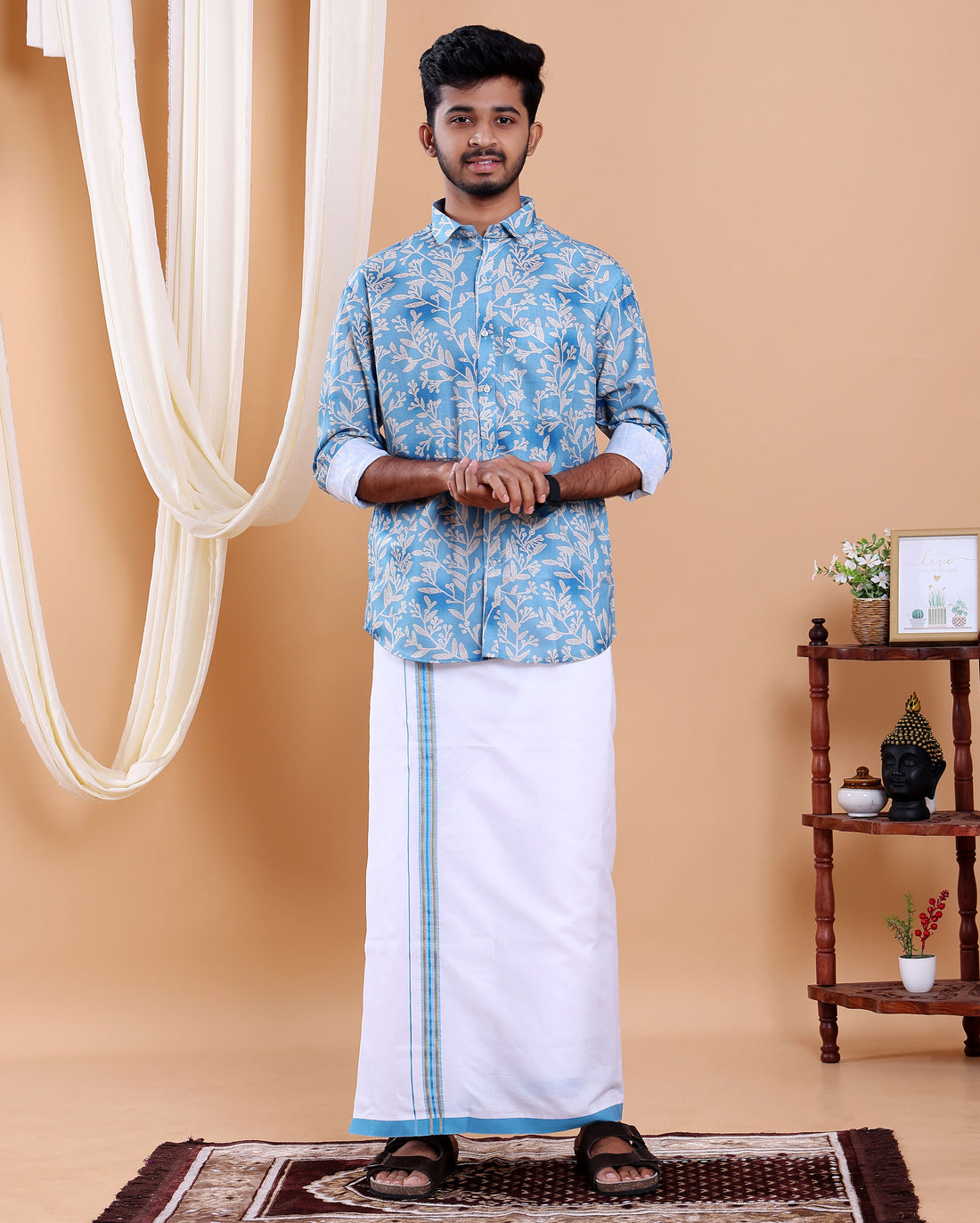 Men's Full Sleeve Shirt and Traditional Dhoti Set with Designer Border - Blue -one