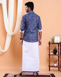 Men's Full Sleeve Shirt and Traditional Dhoti Set with Designer Border - Dark Blue