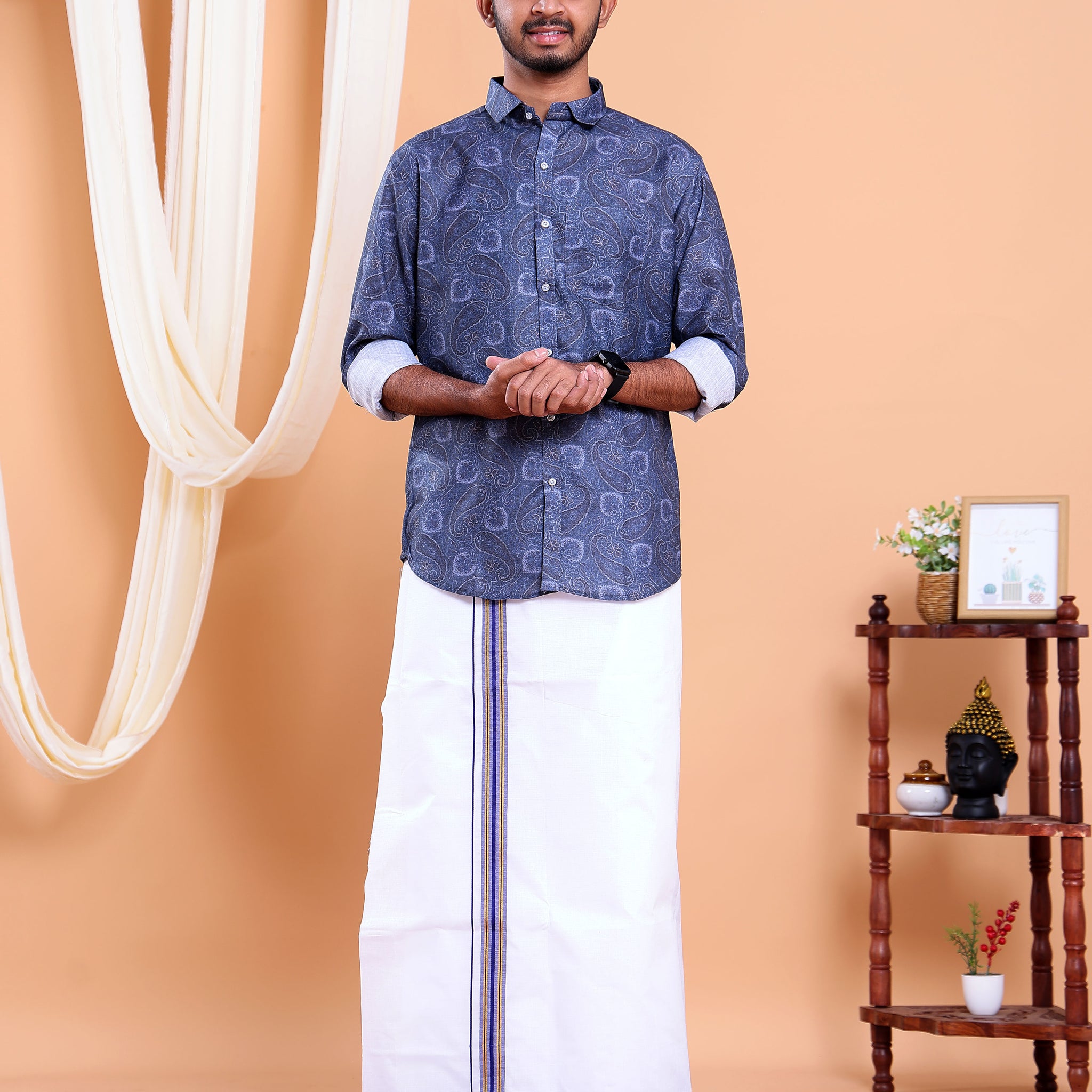 Men's Full Sleeve Shirt and Traditional Dhoti Set with Designer Border - Dark Blue