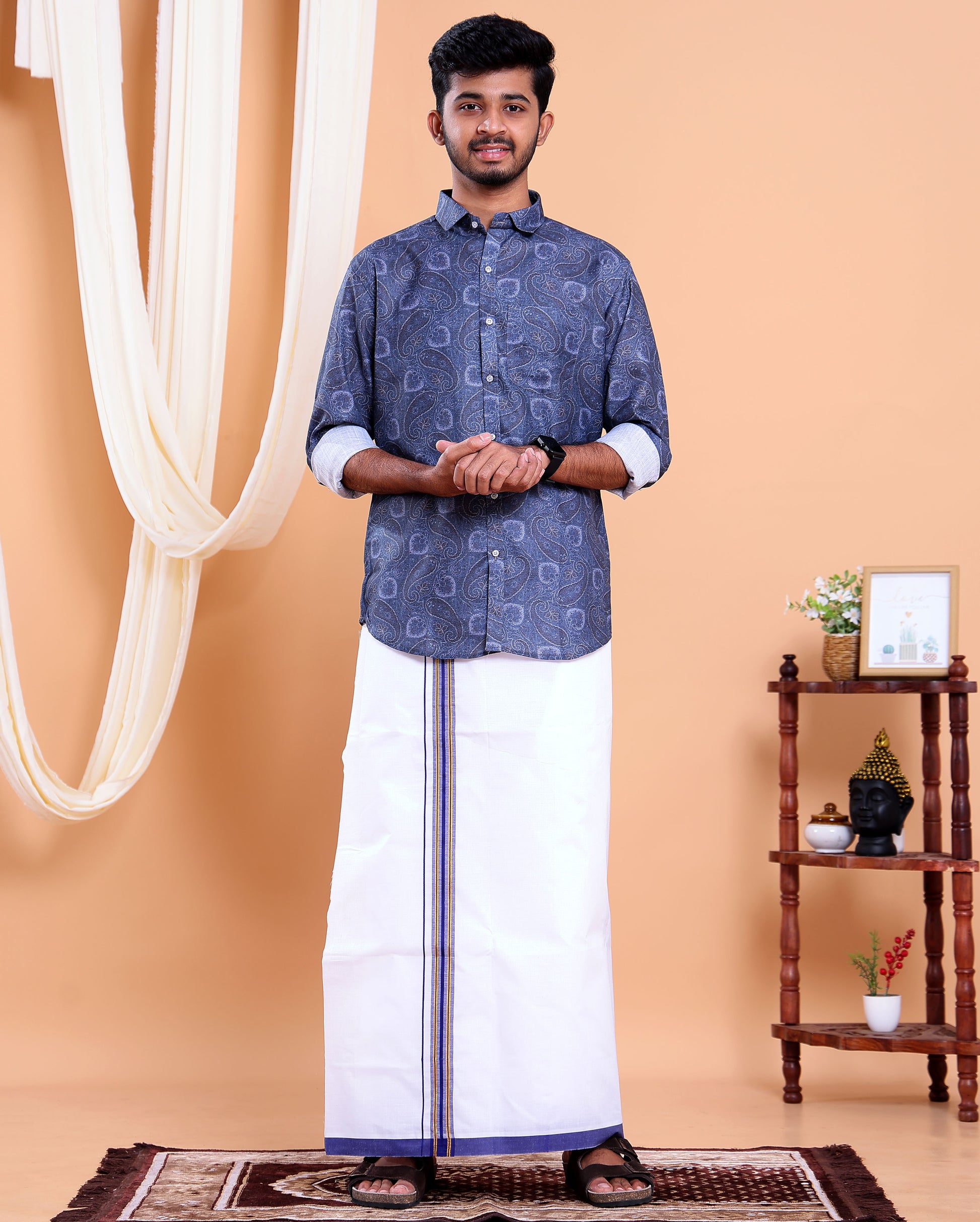 Men's Full Sleeve Shirt and Traditional Dhoti Set with Designer Border - Dark Blue