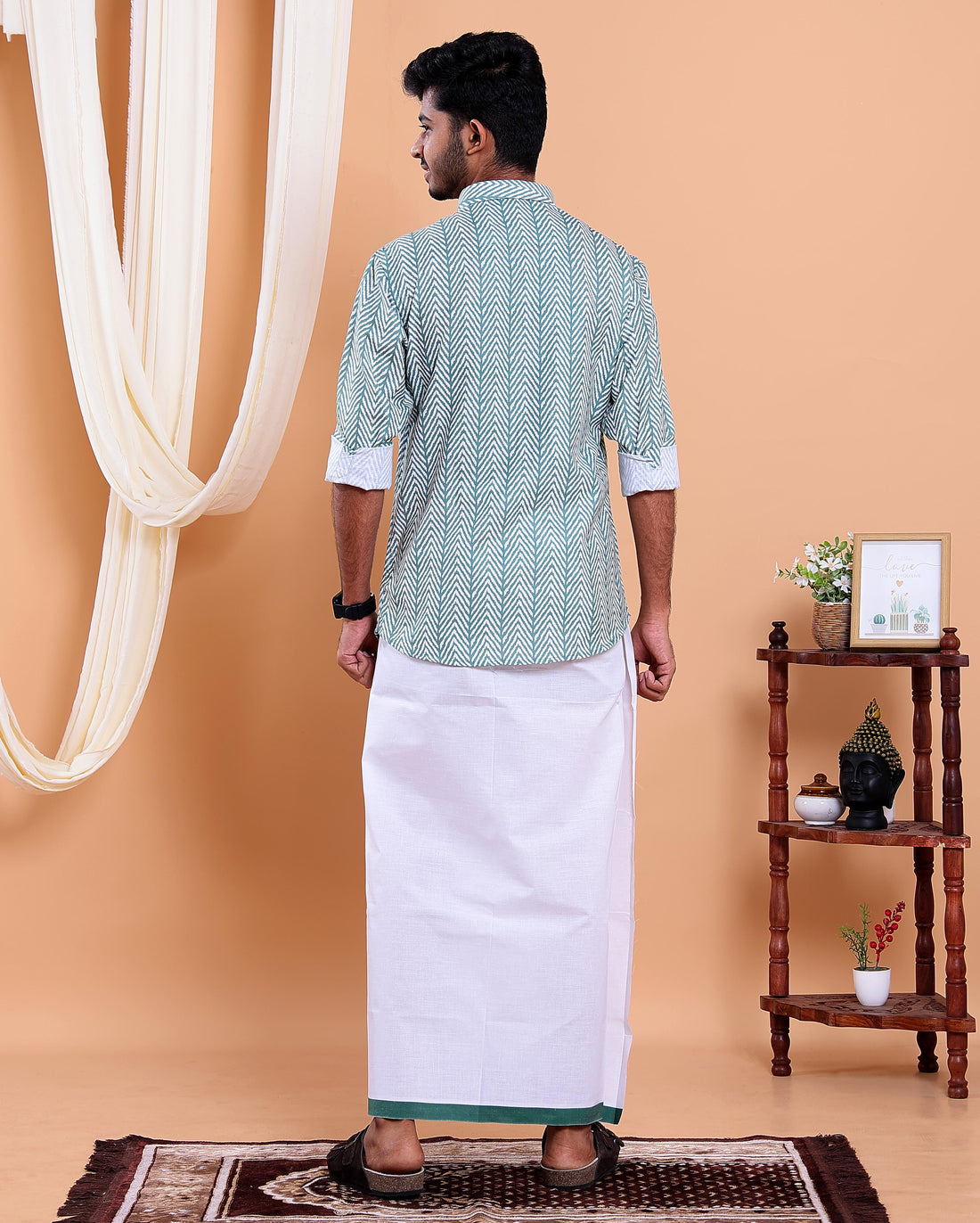Men's Full Sleeve Shirt and Traditional Dhoti Set with Designer Border - Green