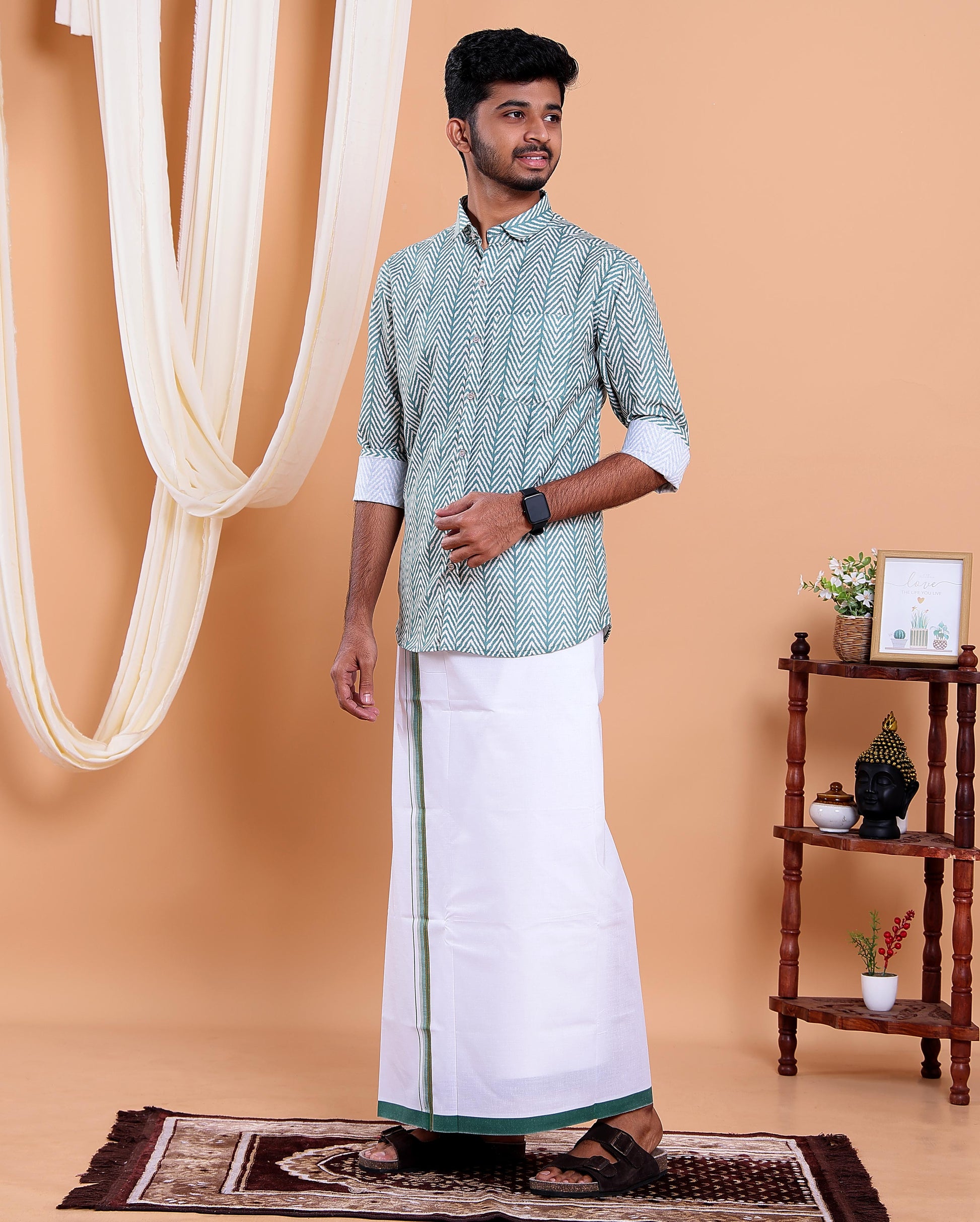 Men's Full Sleeve Shirt and Traditional Dhoti Set with Designer Border - Green