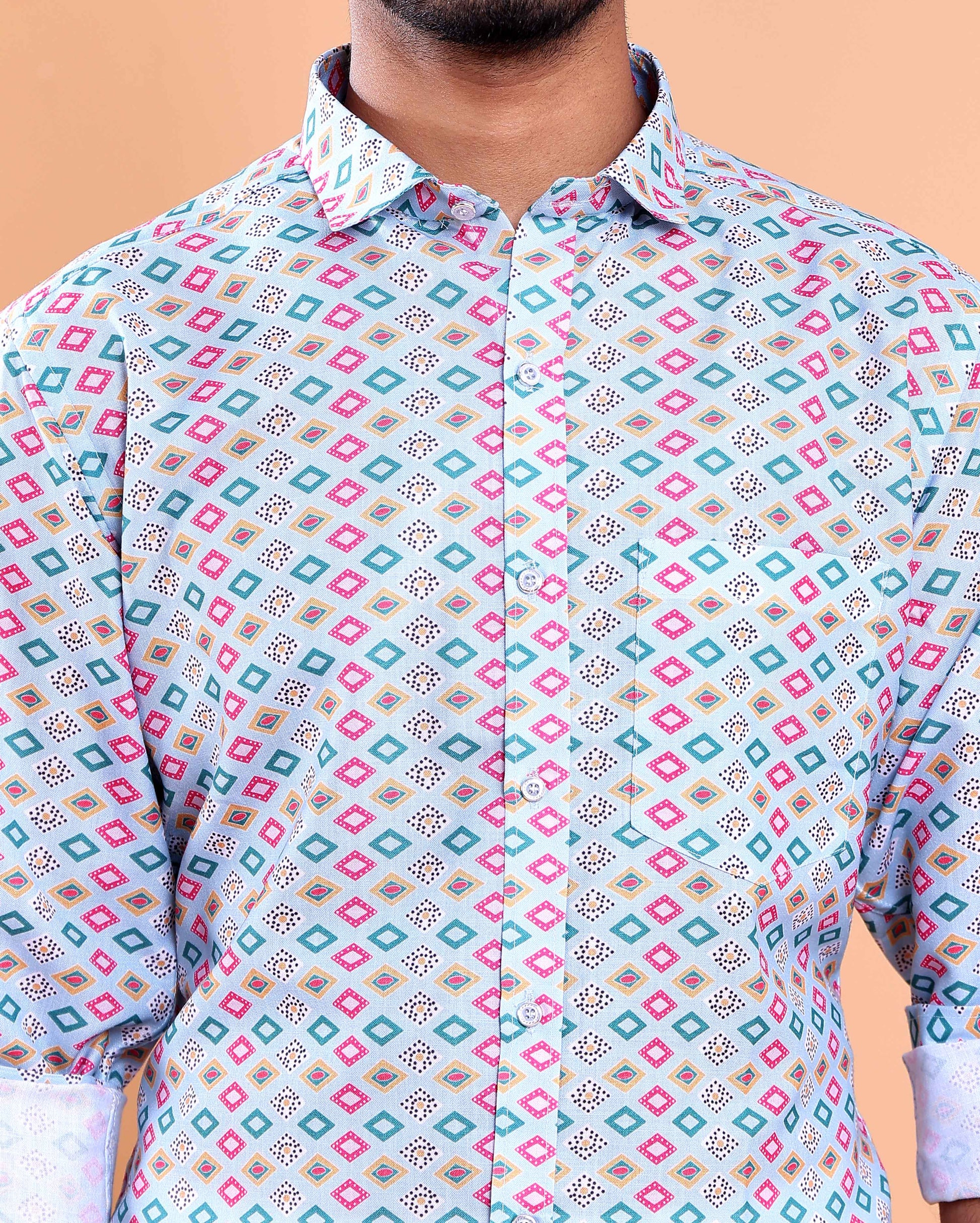 Men's Full Sleeve Shirt and Traditional Dhoti Set with Designer Border - Light Blue