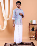 Men's Full Sleeve Shirt and Traditional Dhoti Set with Designer Border - Light Blue