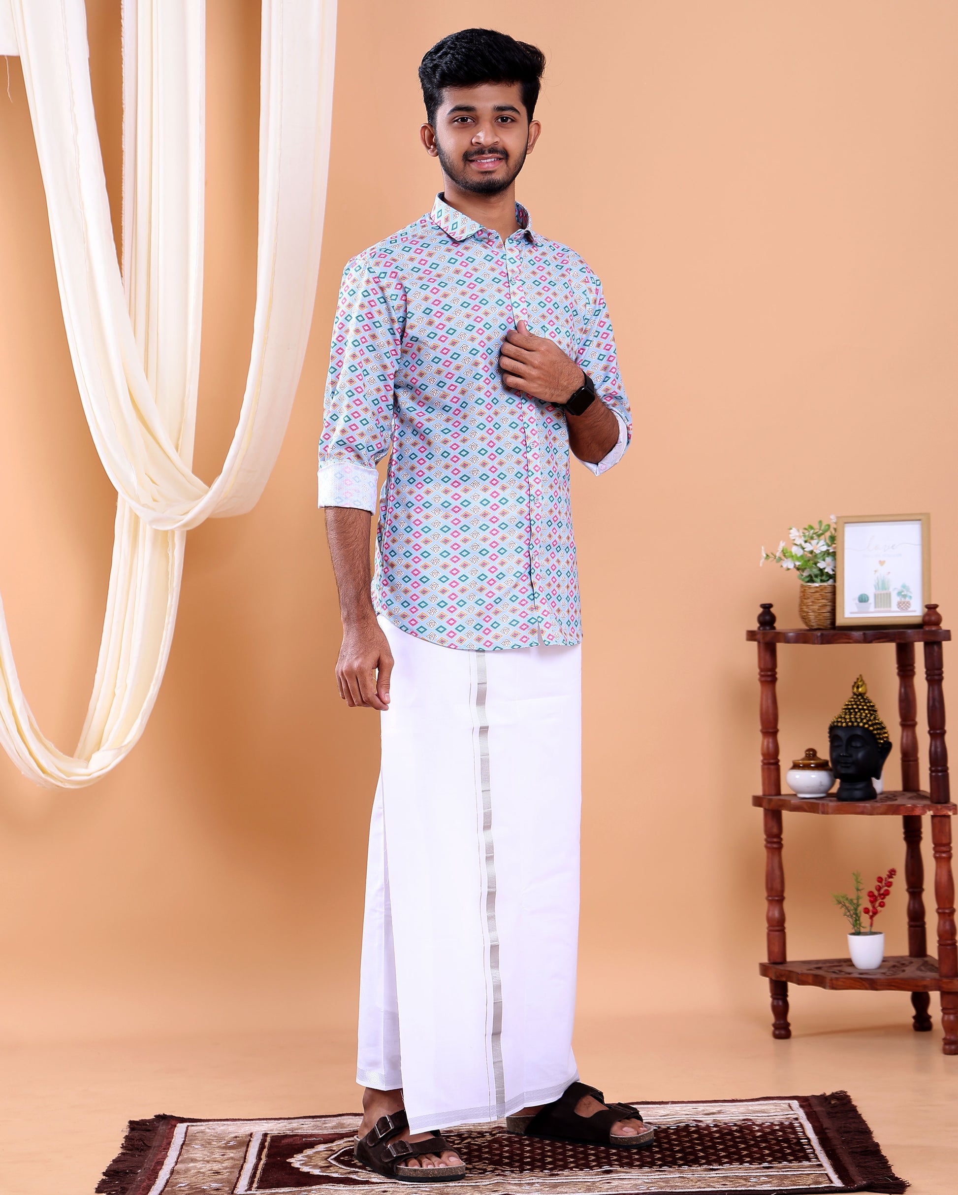 Men's Full Sleeve Shirt and Traditional Dhoti Set with Designer Border - Light Blue