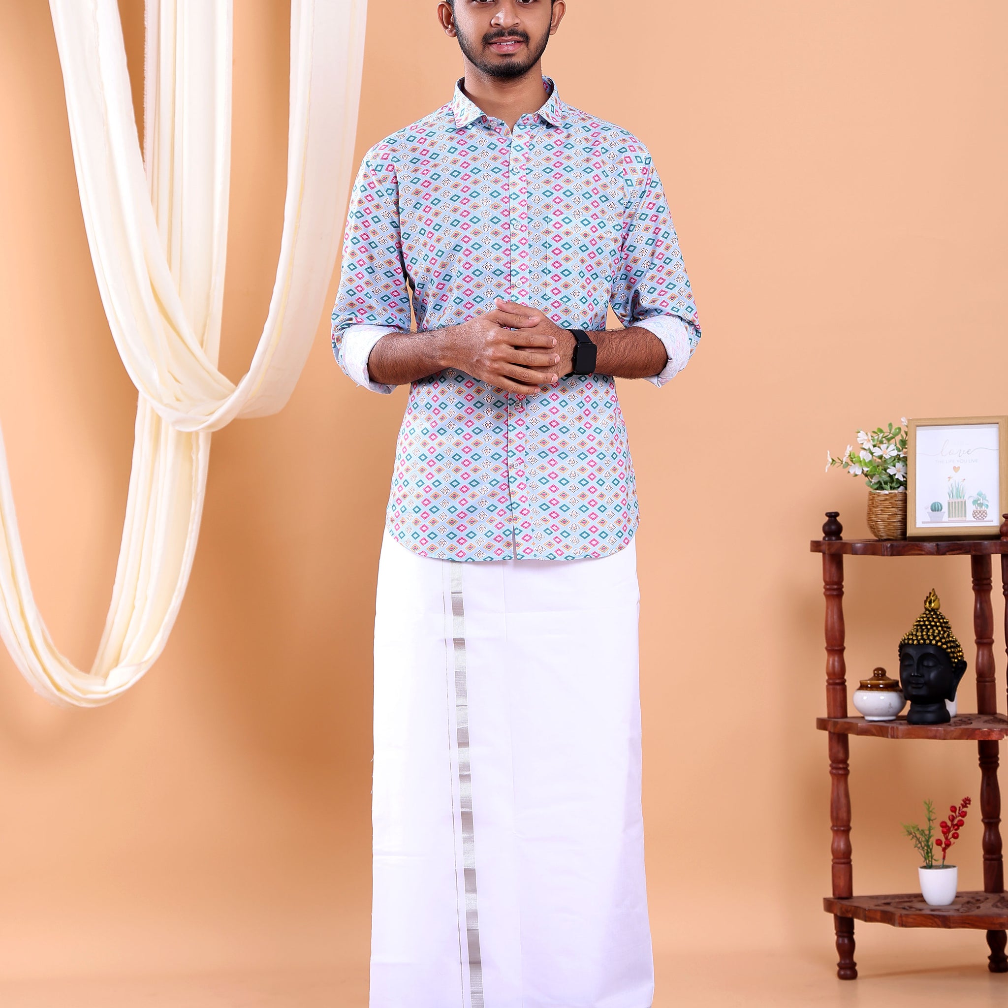 Men's Full Sleeve Shirt and Traditional Dhoti Set with Designer Border - Light Blue