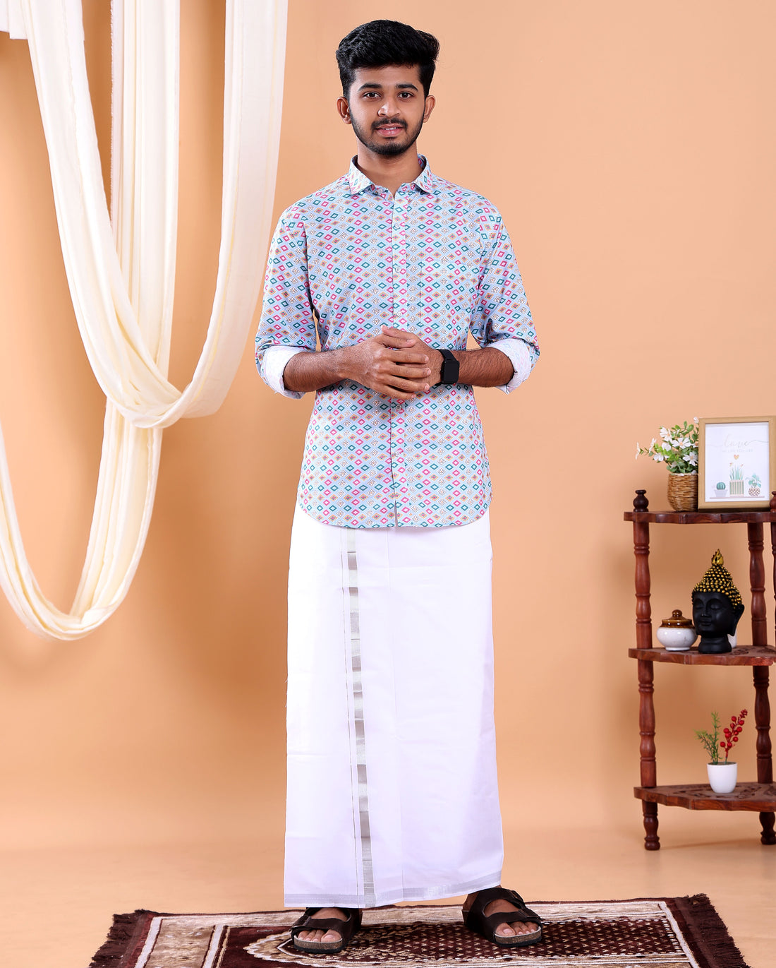 Men's Full Sleeve Shirt and Traditional Dhoti Set with Designer Border - Light Blue