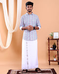 Men's Full Sleeve Shirt and Traditional Dhoti Set with Designer Border - Light Blue