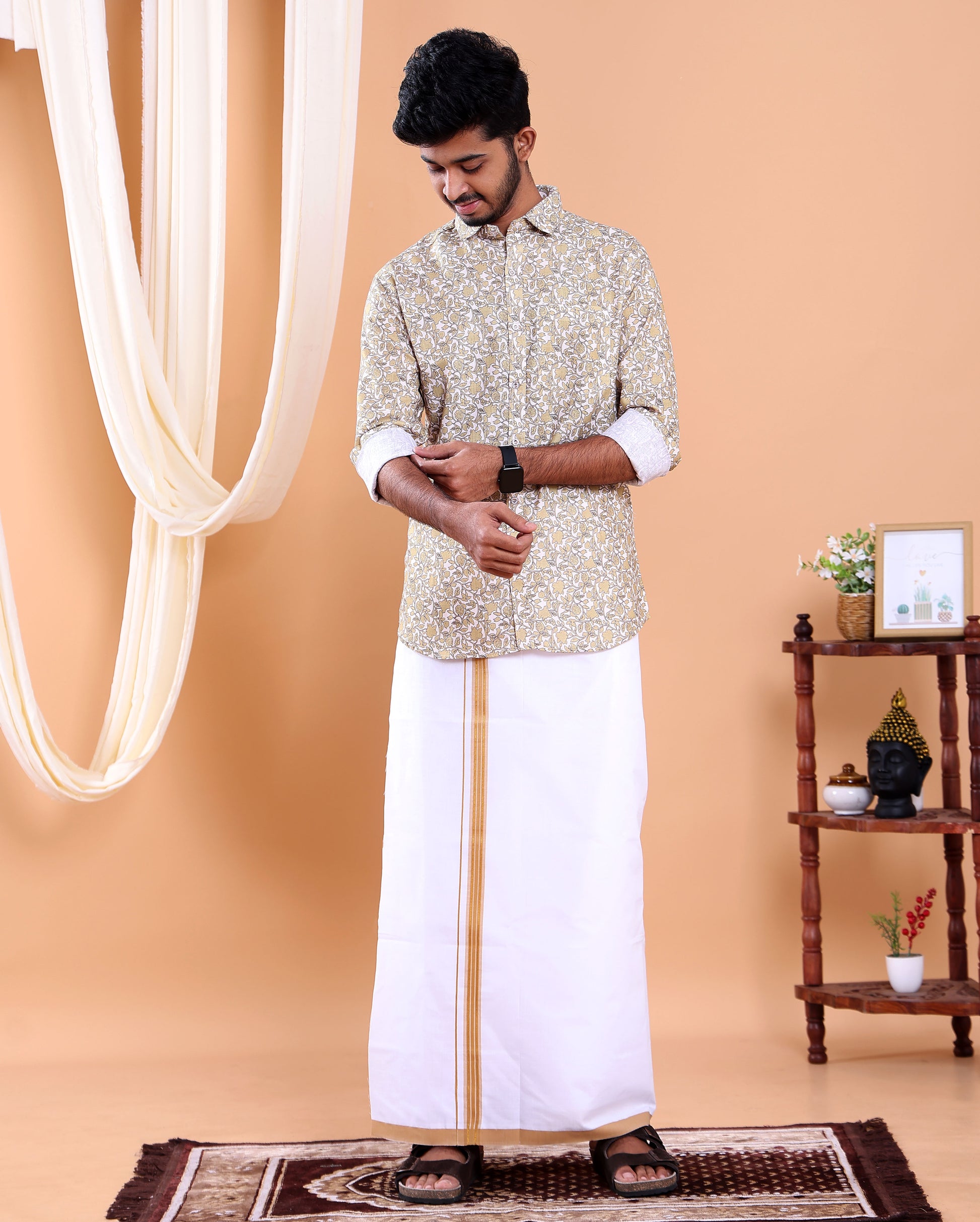 Men's Full Sleeve Shirt and Traditional Dhoti Set with Designer Border - Off White