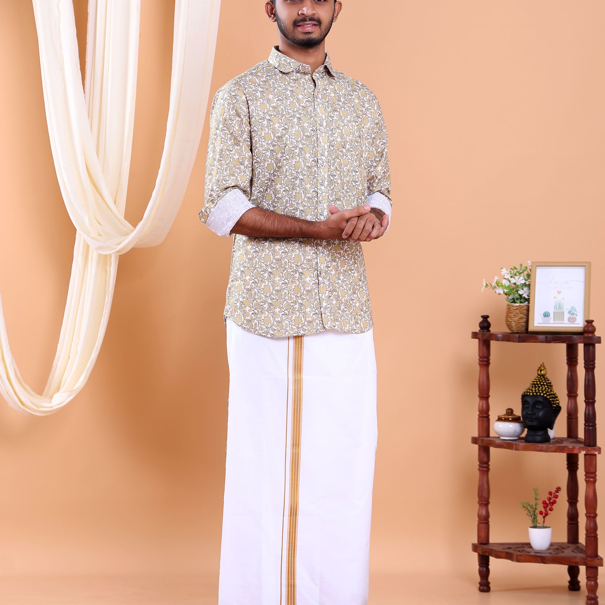Men's Full Sleeve Shirt and Traditional Dhoti Set with Designer Border - Off White