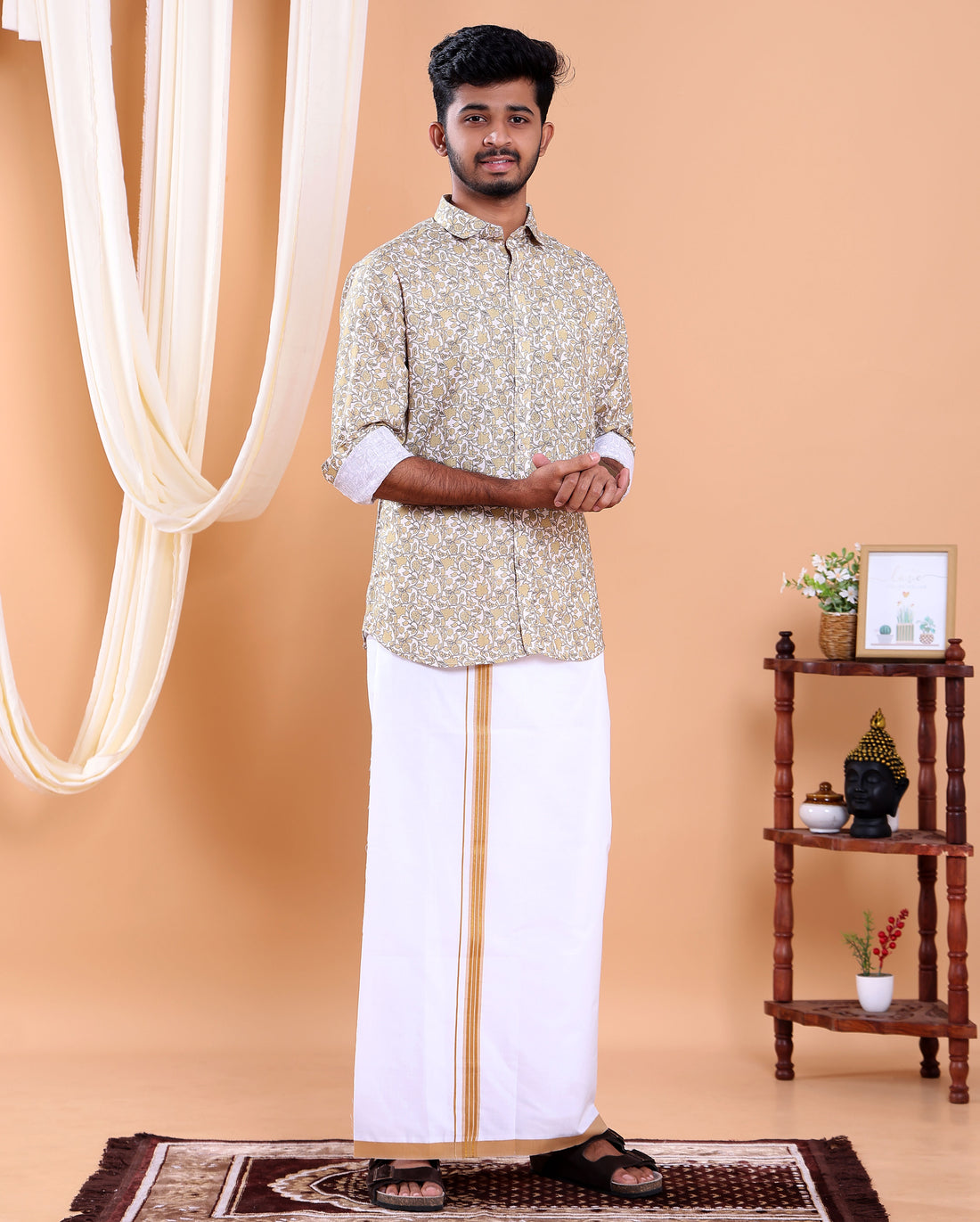 Men's Full Sleeve Shirt and Traditional Dhoti Set with Designer Border - Off White