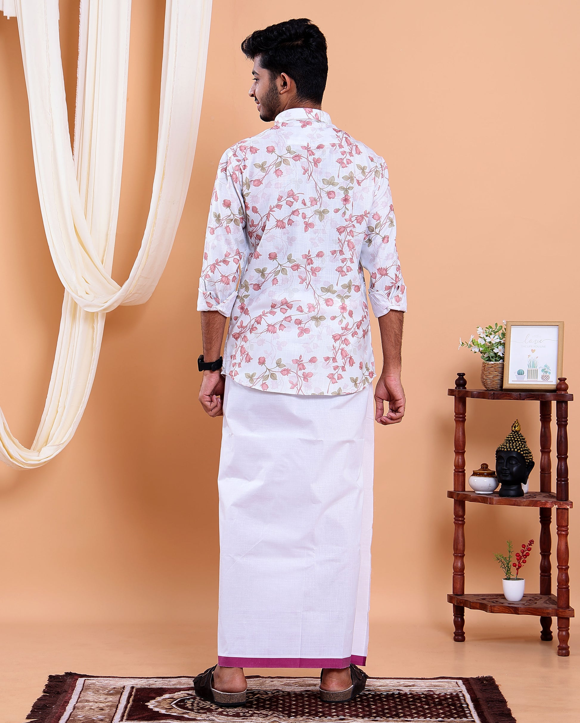 Men's Full Sleeve Shirt and Traditional Dhoti Set with Designer Border - White