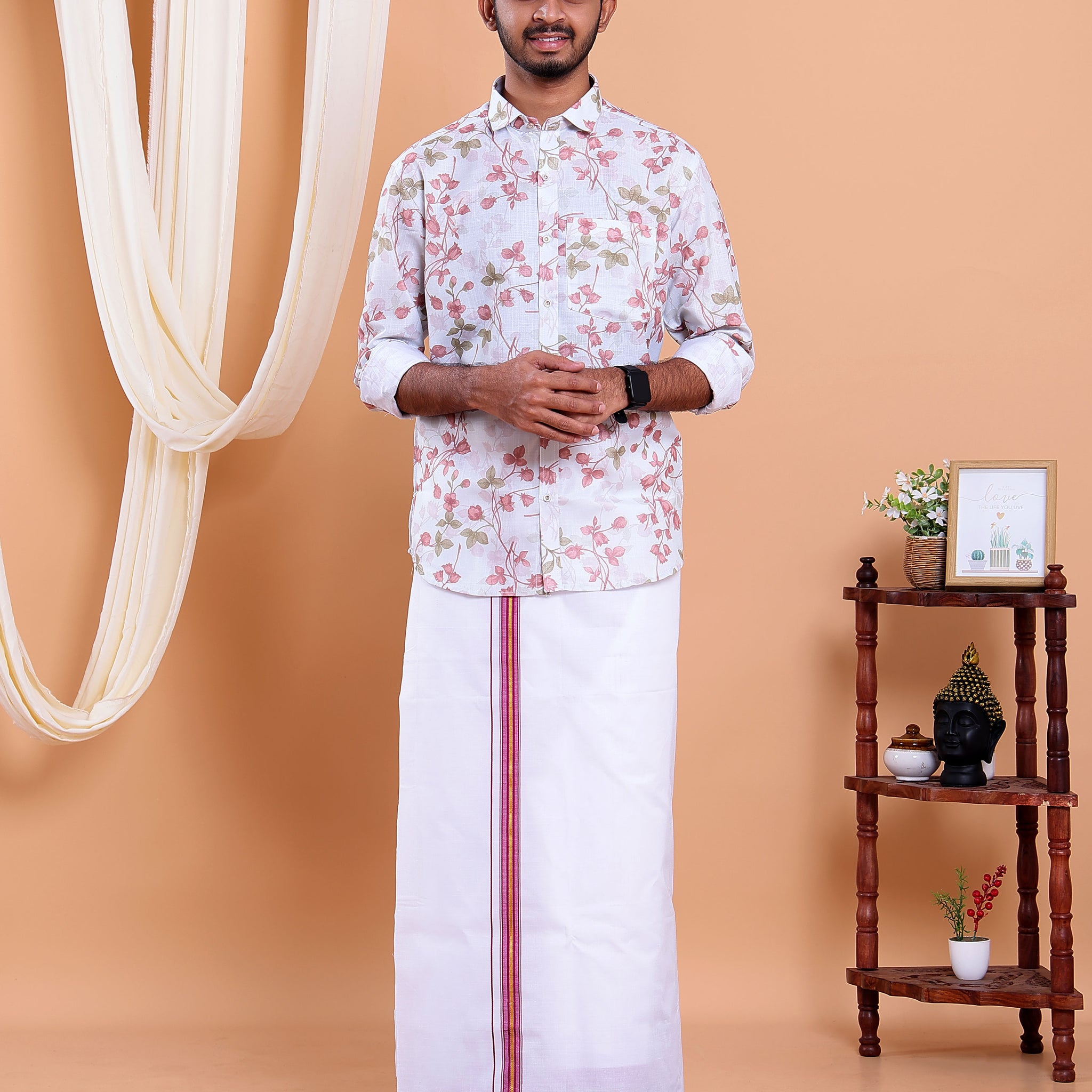 Men's Full Sleeve Shirt and Traditional Dhoti Set with Designer Border - White