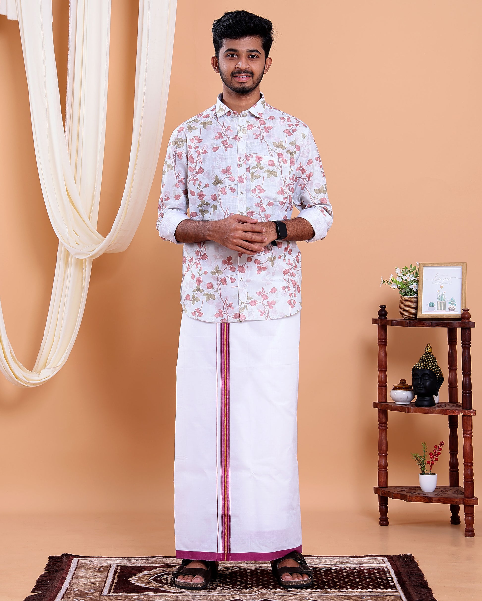 Men's Full Sleeve Shirt and Traditional Dhoti Set with Designer Border - White