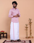 Men's Full Sleeve Shirt and Traditional Dhoti Set with Woven Border - Pink