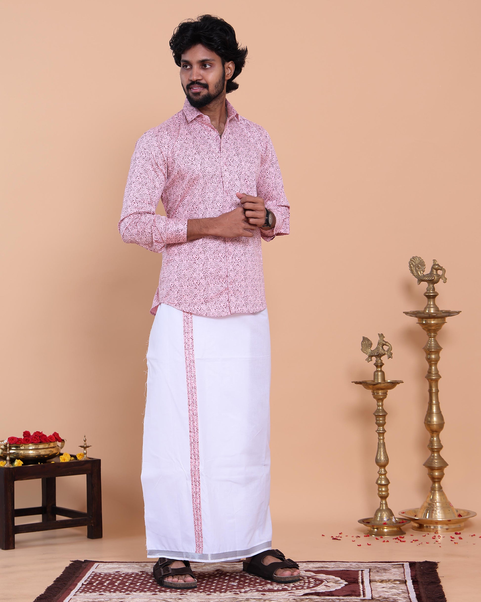 Men's Full Sleeve Shirt and Traditional Dhoti Set with Woven Border - Pink