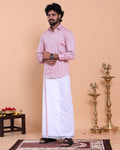 Men's Full Sleeve Shirt and Traditional Dhoti Set with Woven Border - Pink