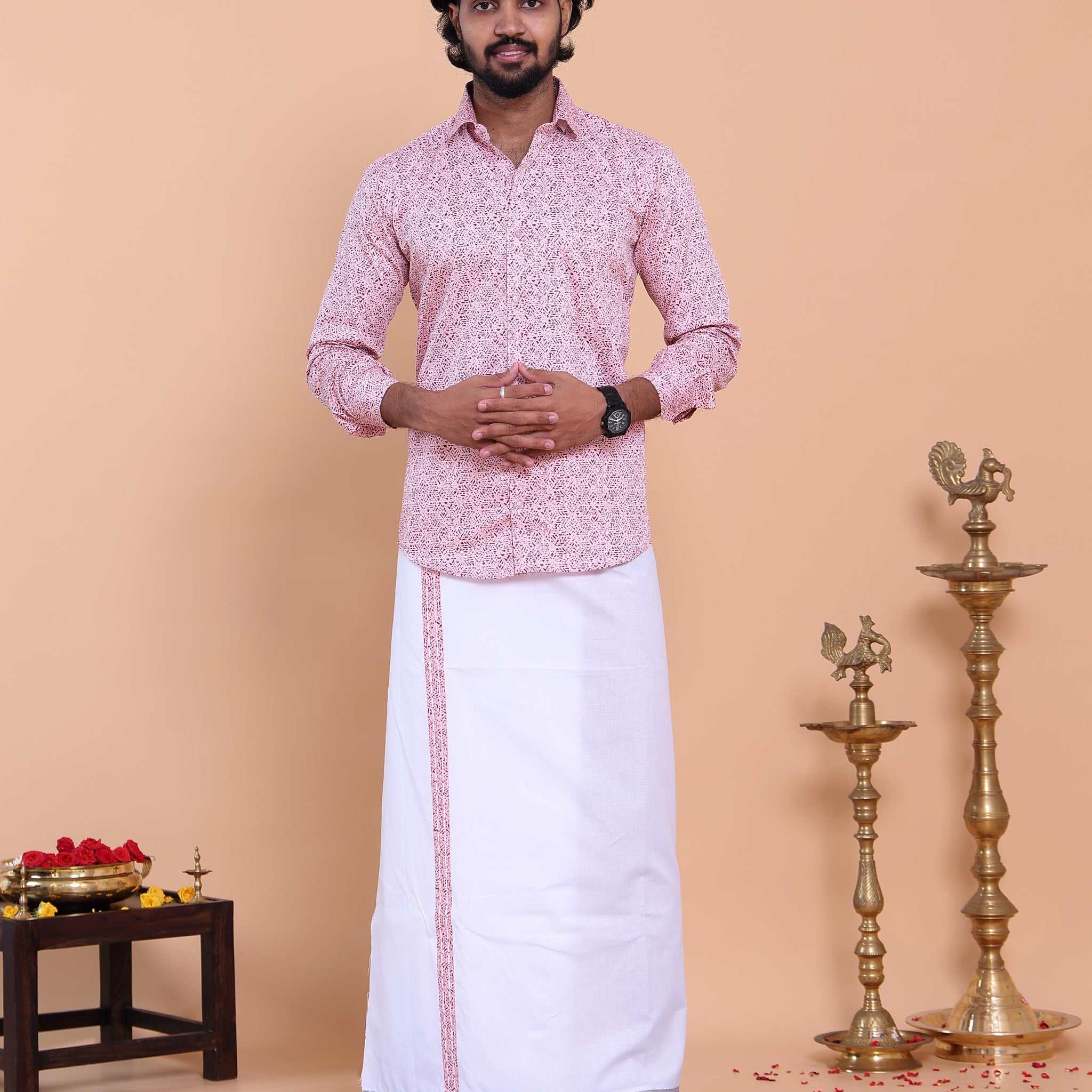 Men's Full Sleeve Shirt and Traditional Dhoti Set with Woven Border - Pink