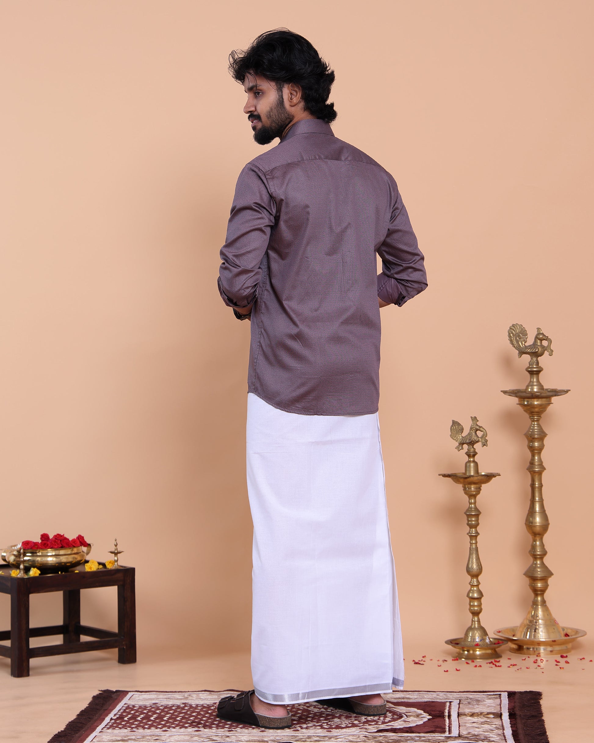 Men's Full Sleeve Shirt and Traditional Dhoti Set with Woven Border - Purple