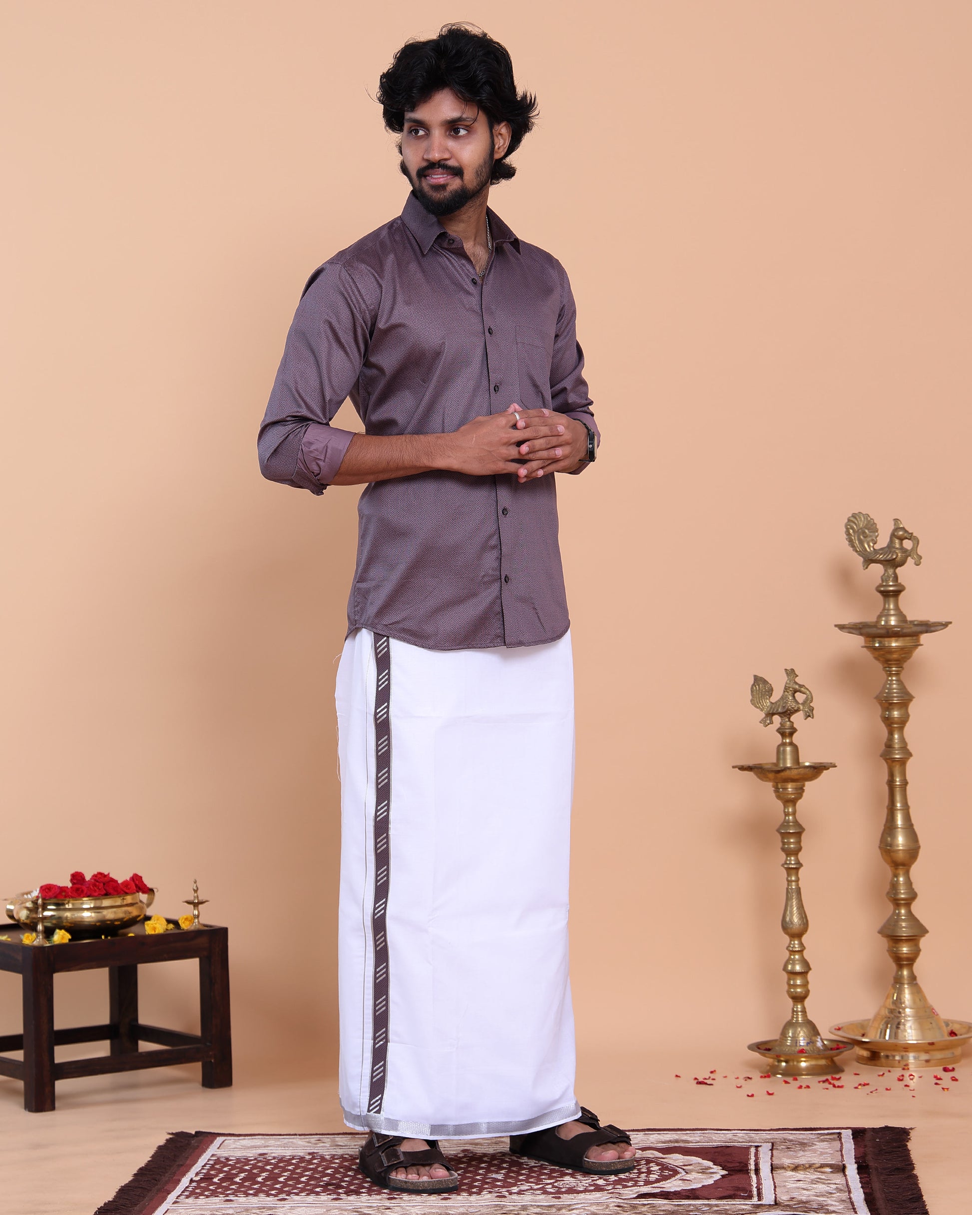 Men's Full Sleeve Shirt and Traditional Dhoti Set with Woven Border - Purple