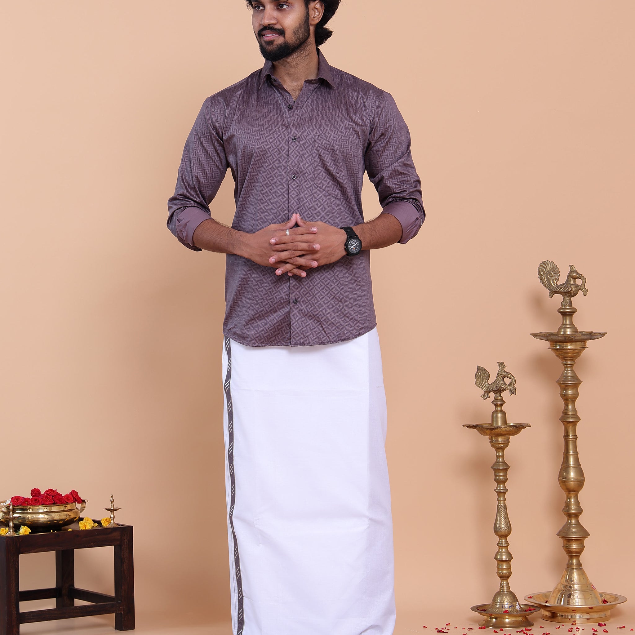 Men's Full Sleeve Shirt and Traditional Dhoti Set with Woven Border - Purple