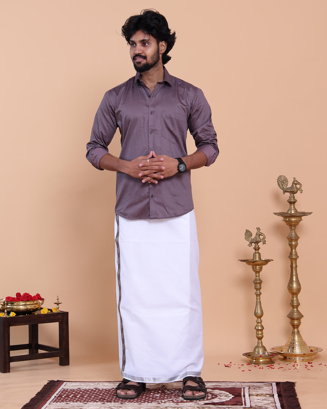Men's Full Sleeve Shirt and Traditional Dhoti Set with Woven Border - Purple