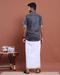Men's Half Sleeve Shirt and Traditional Dhoti Set with Designer Border - Navy Blue