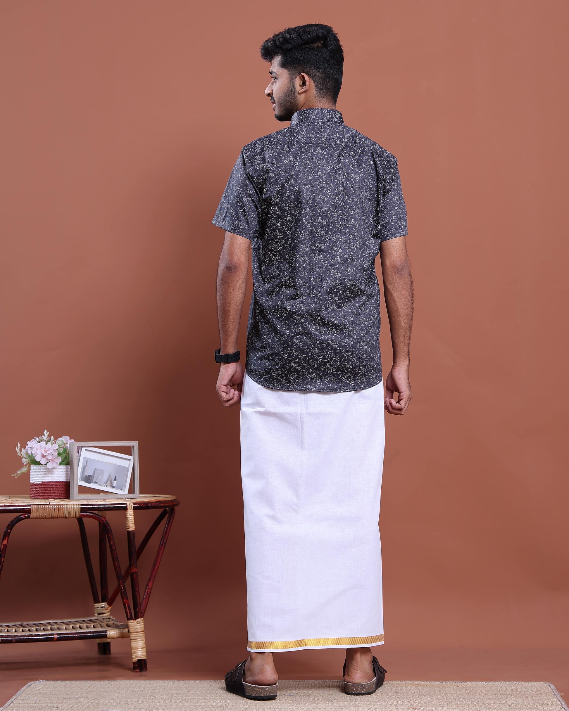 Men's Half Sleeve Shirt and Traditional Dhoti Set with Designer Border - Navy Blue
