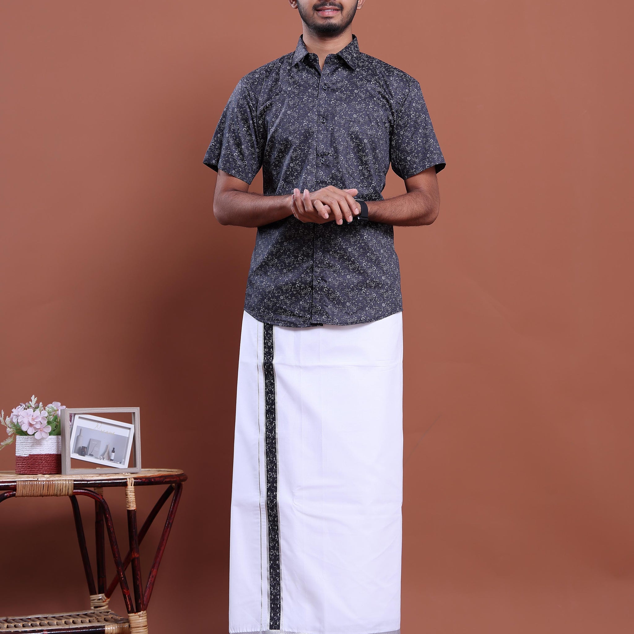 Men's Half Sleeve Shirt and Traditional Dhoti Set with Designer Border - Navy Blue