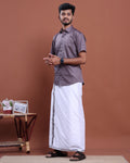 Men's Half Sleeve Shirt and Traditional Dhoti Set with Designer Border - Purple