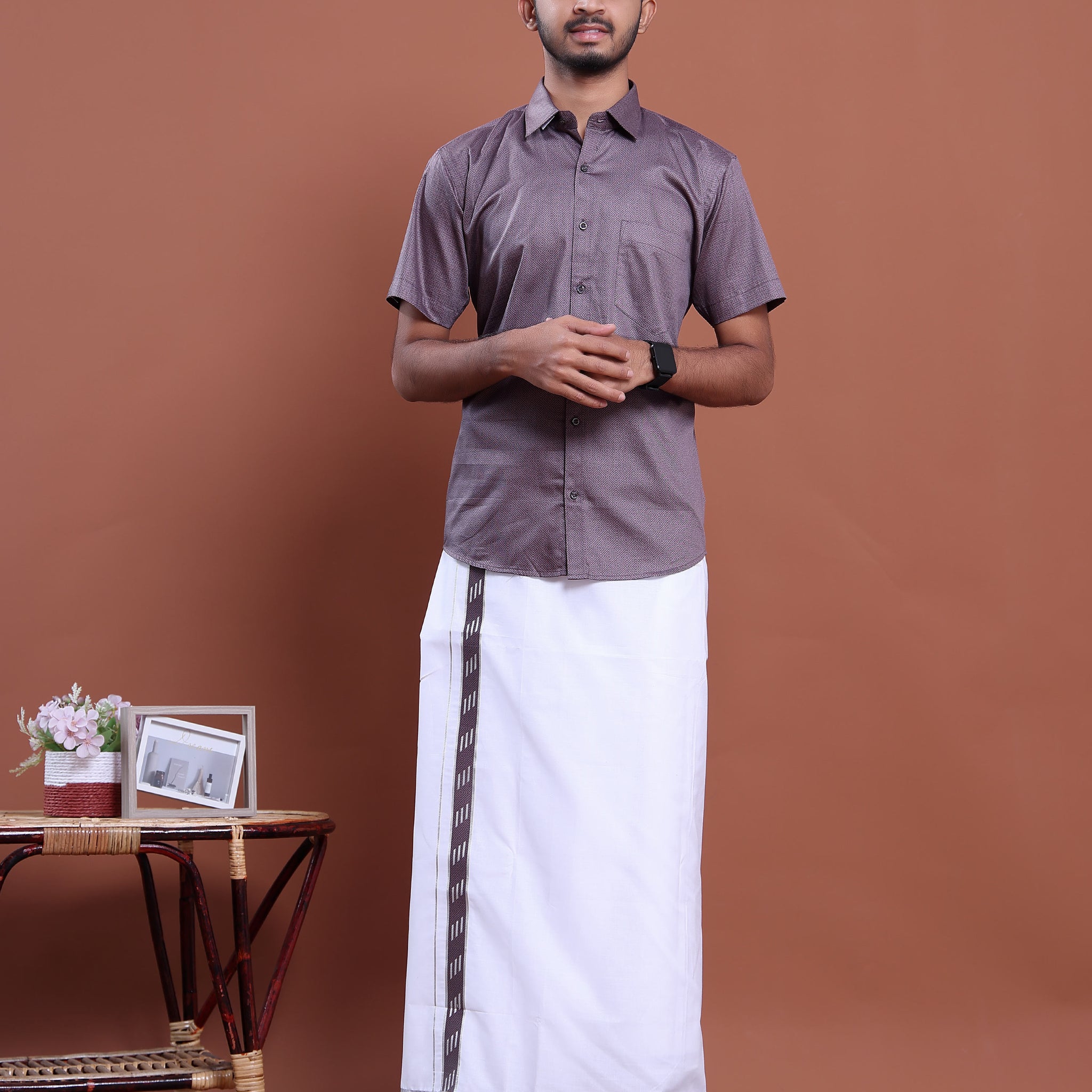 Men's Half Sleeve Shirt and Traditional Dhoti Set with Designer Border - Purple