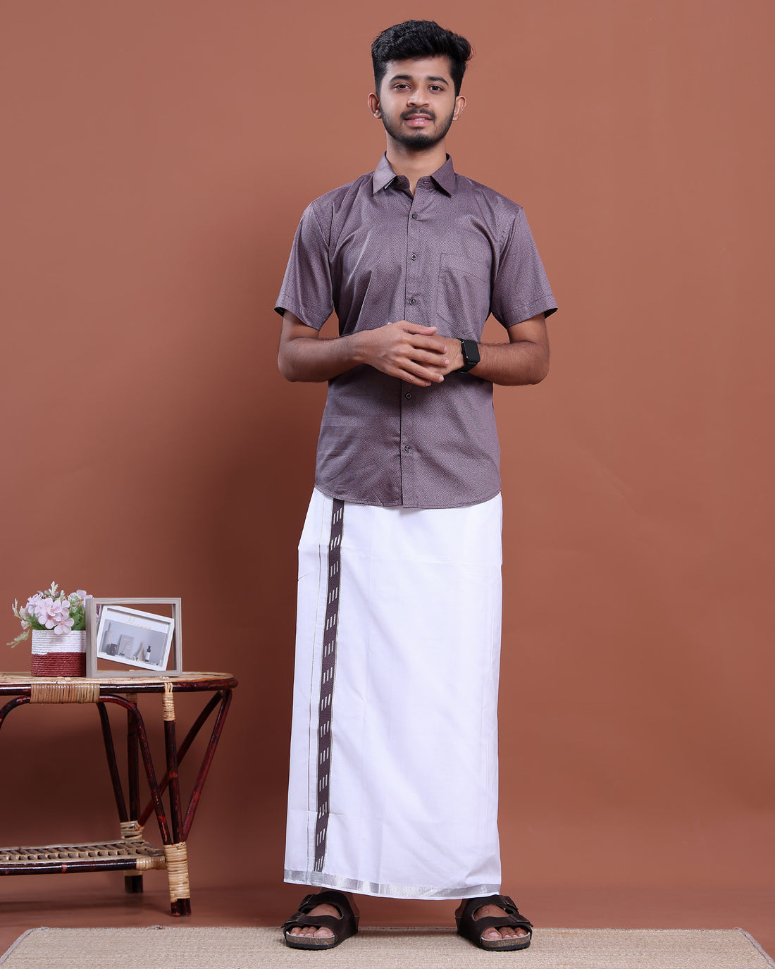 Men's Half Sleeve Shirt and Traditional Dhoti Set with Designer Border - Purple