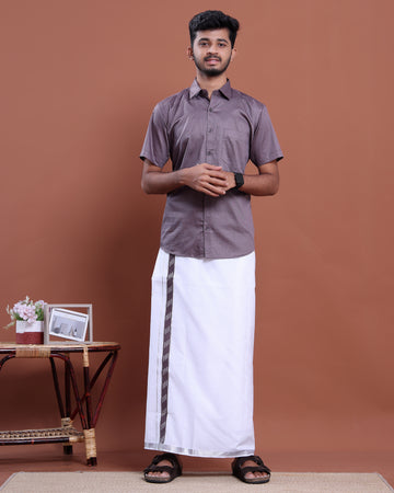 Men's Half Sleeve Shirt and Traditional Dhoti Set with Designer Border - Purple
