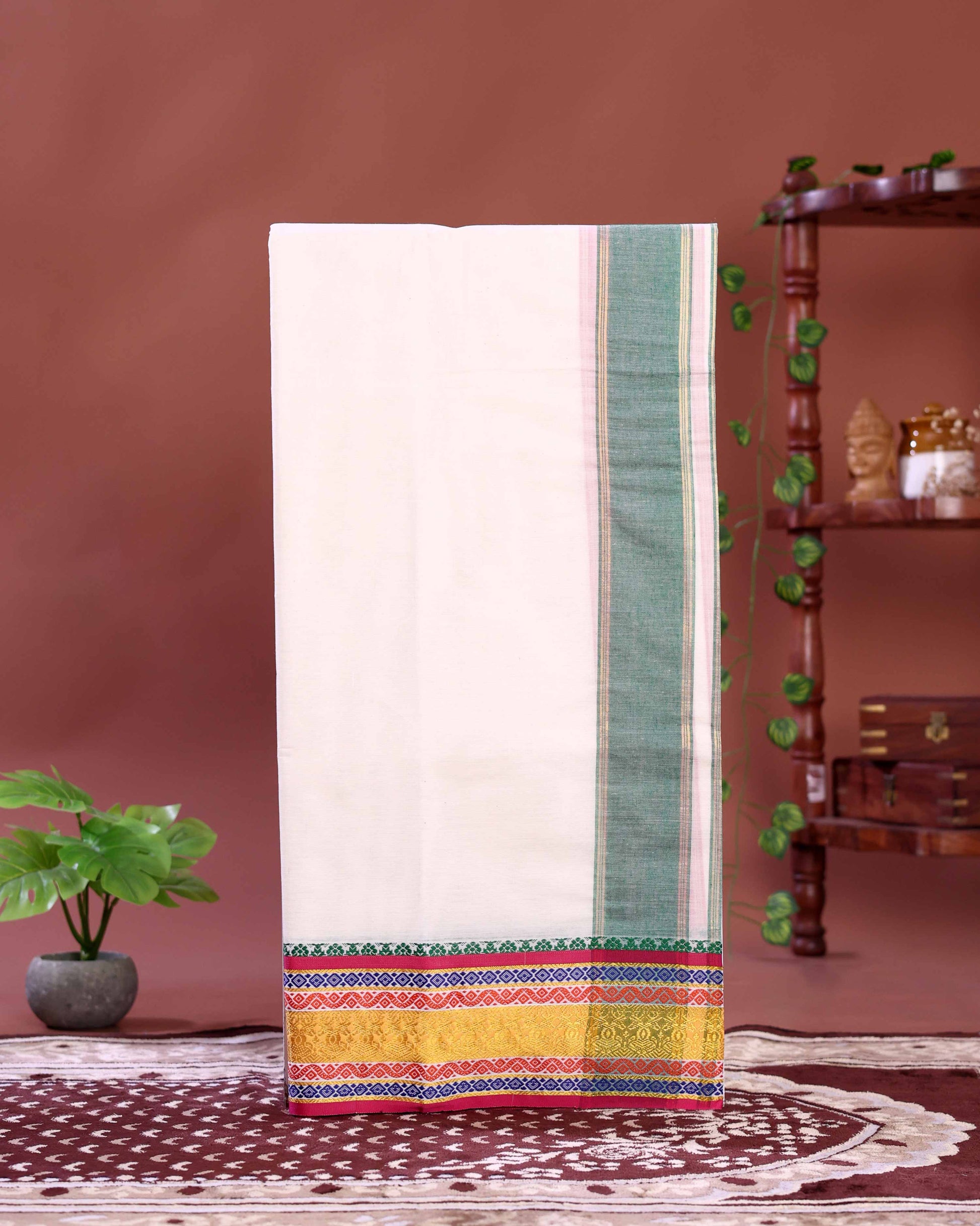 Men’s Handloom Cotton Dhoti 3.65 Meter with Elegant Multi Border – Off White