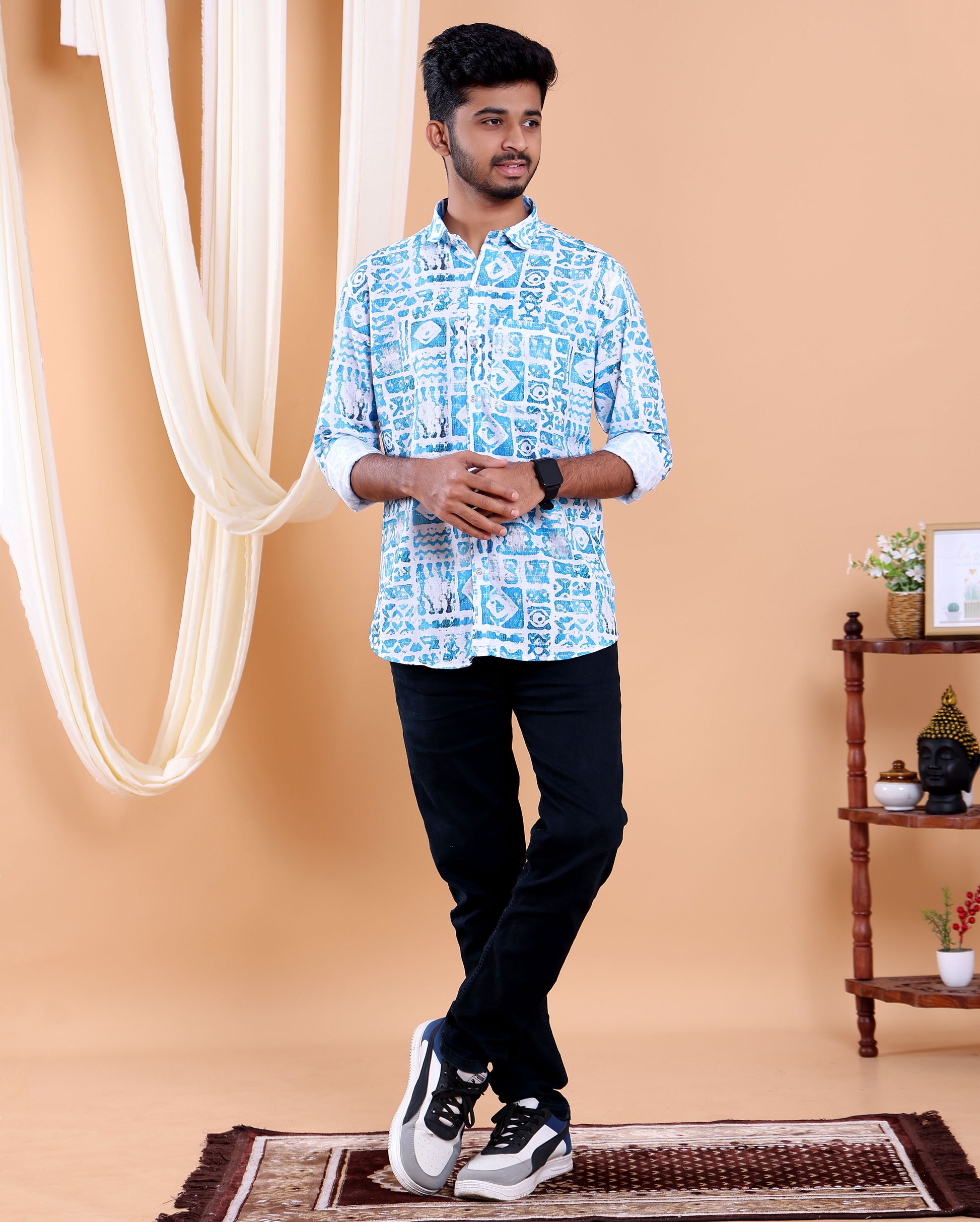 Men’s Linen Valley Abstract Printed Casual Full Sleeve Shirt - Blue