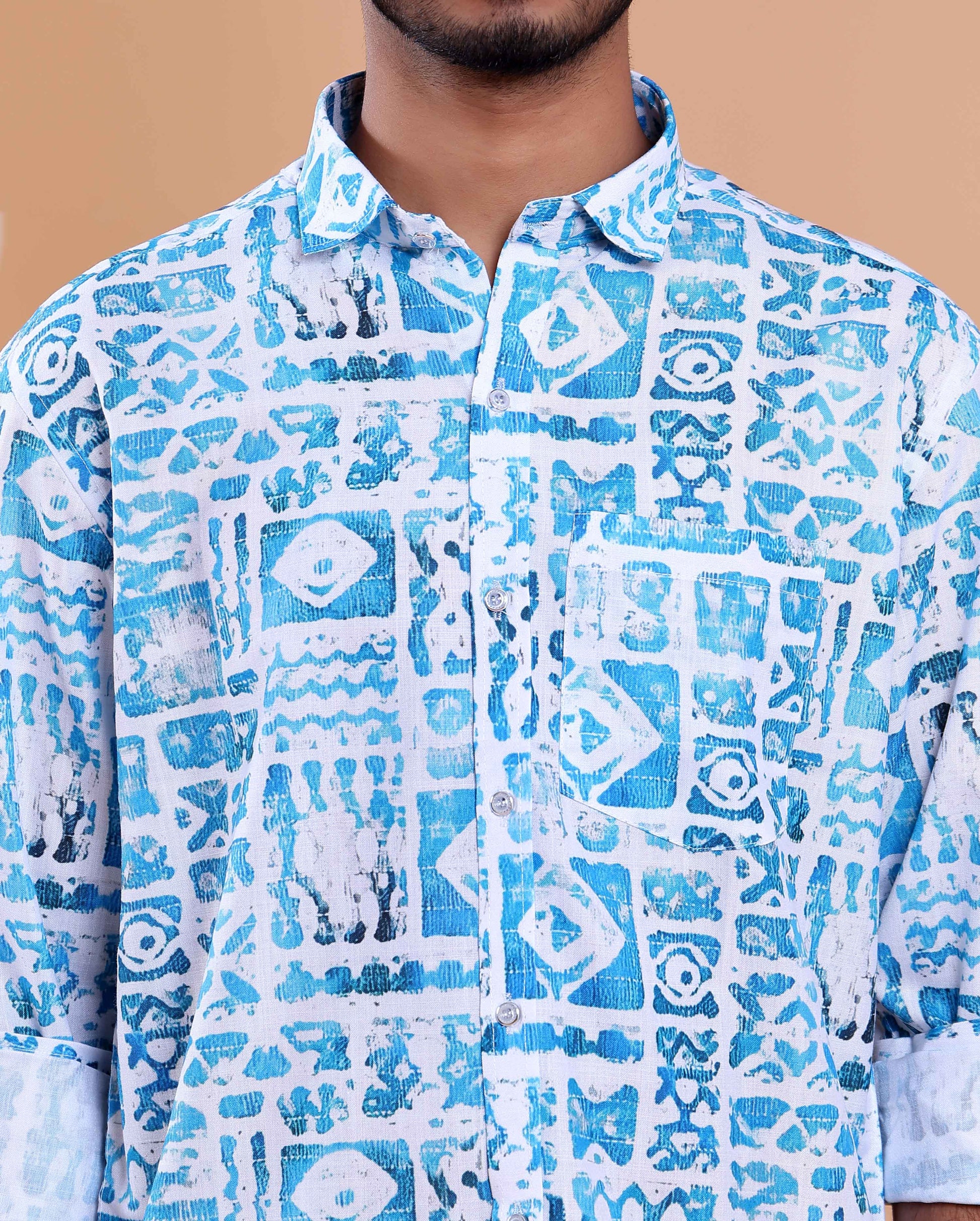 Men’s Linen Valley Abstract Printed Casual Full Sleeve Shirt - Blue
