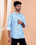 Men’s Linen Valley Abstract Printed Casual Full Sleeve Shirt - Blue