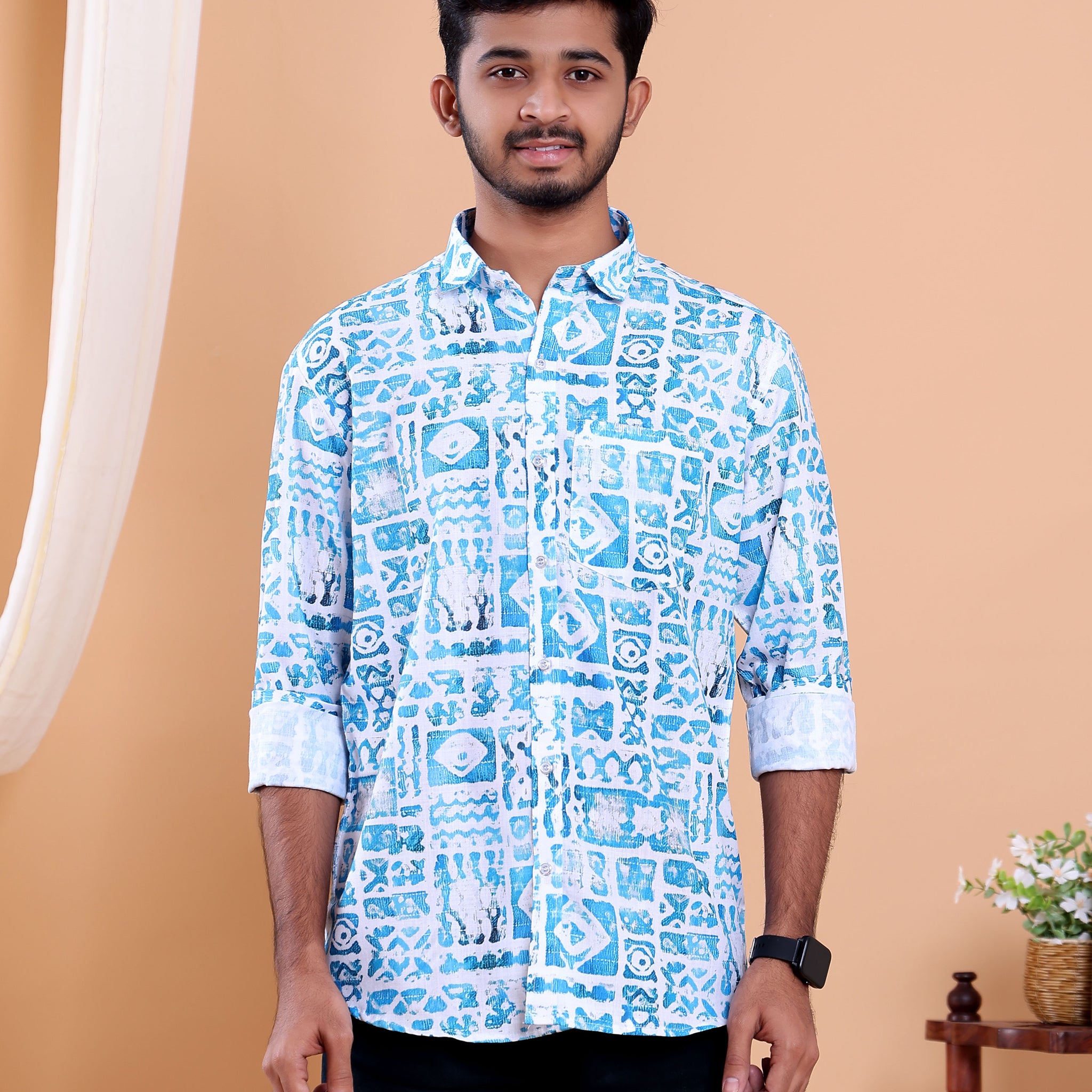 Men’s Linen Valley Abstract Printed Casual Full Sleeve Shirt - Blue