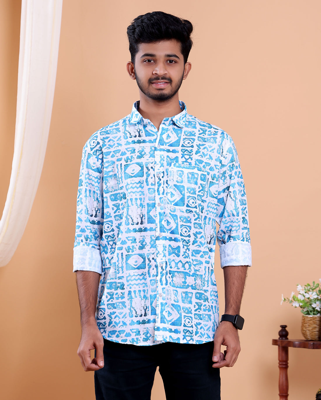 Men’s Linen Valley Abstract Printed Casual Full Sleeve Shirt - Blue