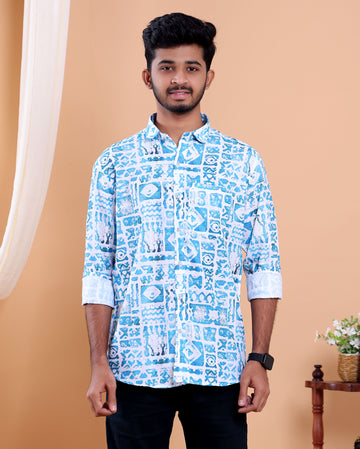 Men’s Linen Valley Abstract Printed Casual Full Sleeve Shirt - Blue