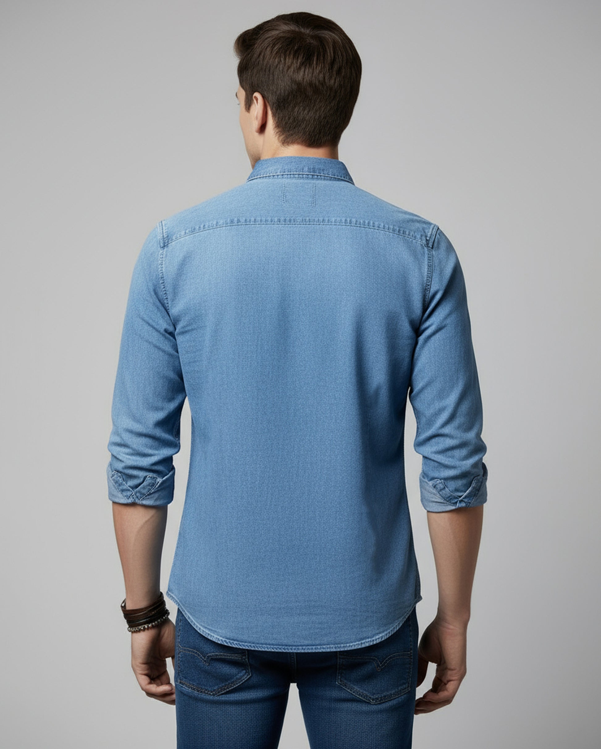 Men’s Linen Valley Casual Denim Finish Full Sleeve Shirt - Blue-back -image