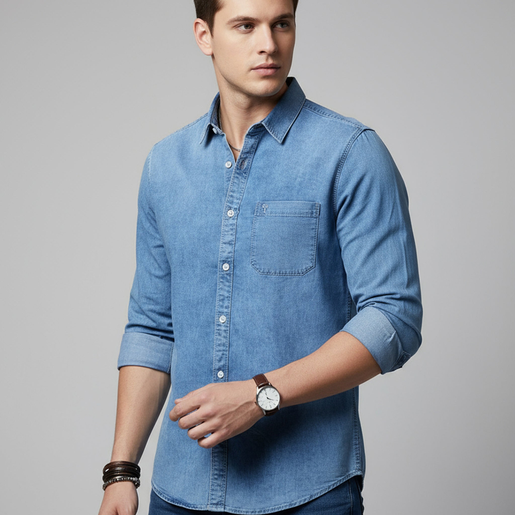 Men’s Linen Valley Casual Denim Finish Full Sleeve Shirt - Blue