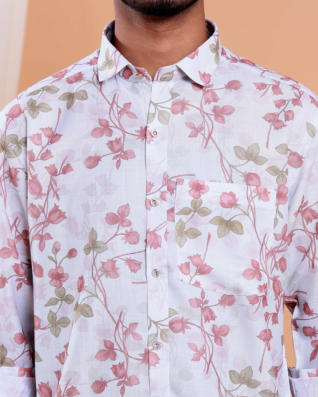 Men’s Linen Valley Casual Full Sleeve Floral Print Shirt - White